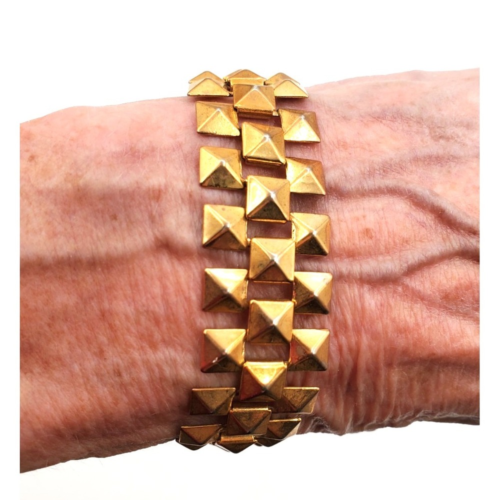 Vintage Triple Row Pyramid Stud Link Bracelet 7.5" Gold Tone Brass